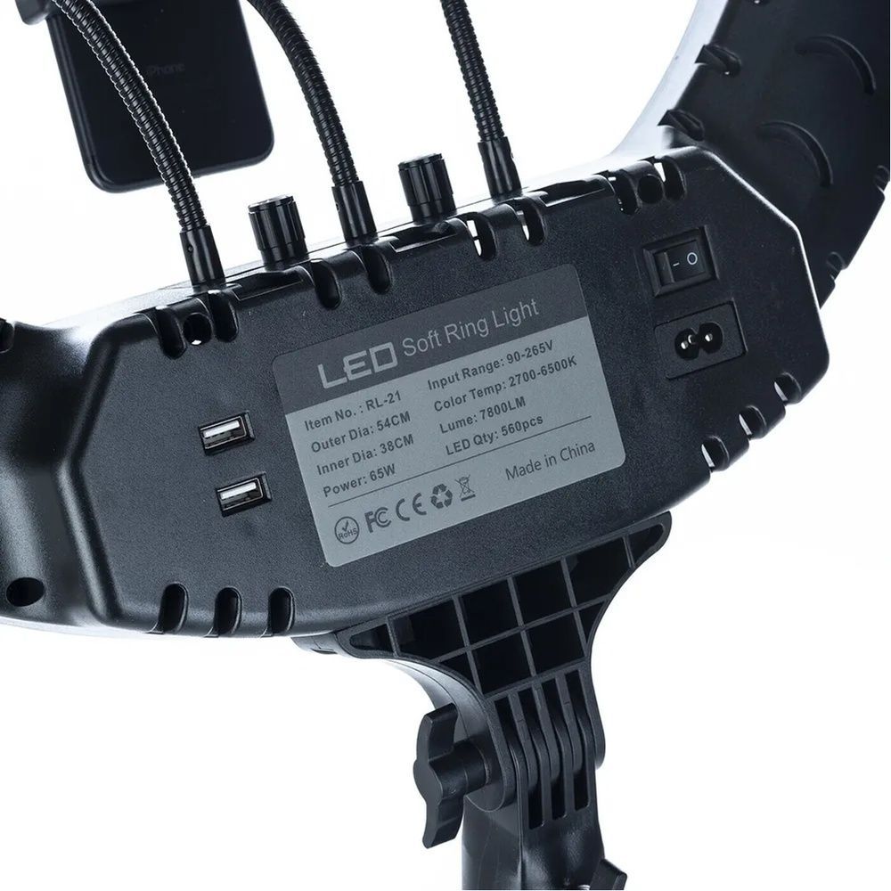 Кільцева лампа RL-21 54 см 65 Вт 560 LED без штативу, з пультом і тримачами для телефону, для макіяжу, блогінгу та студійної зйомки 2030 фото